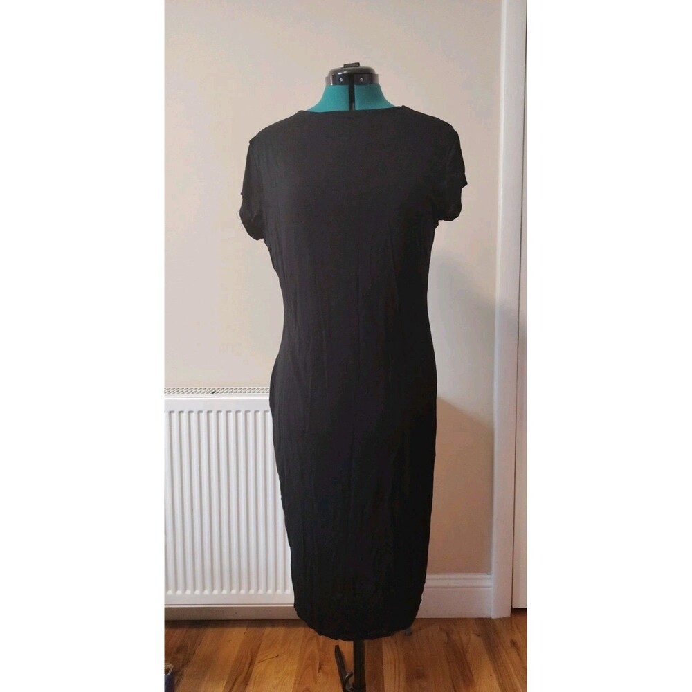 Nicki Minaj Black Solid Stretch T-Shirt Midi Dress Crew Neck Cap Sleeve (Read)